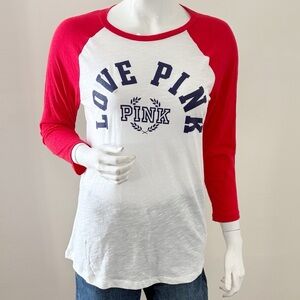 PINK Victoria's Secret Pink White Long Sleeve Baseball Style Love Pink Logo Tee